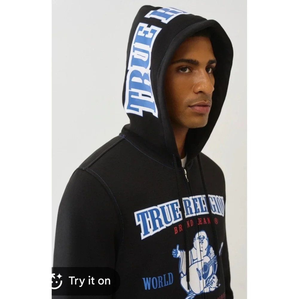 True Religion Buddha Icon Zip Hoodie Mens XL Black NWT World Tour 701130 Logo